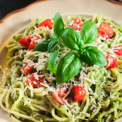 Pesto pasta med tomat mozarella og bacon