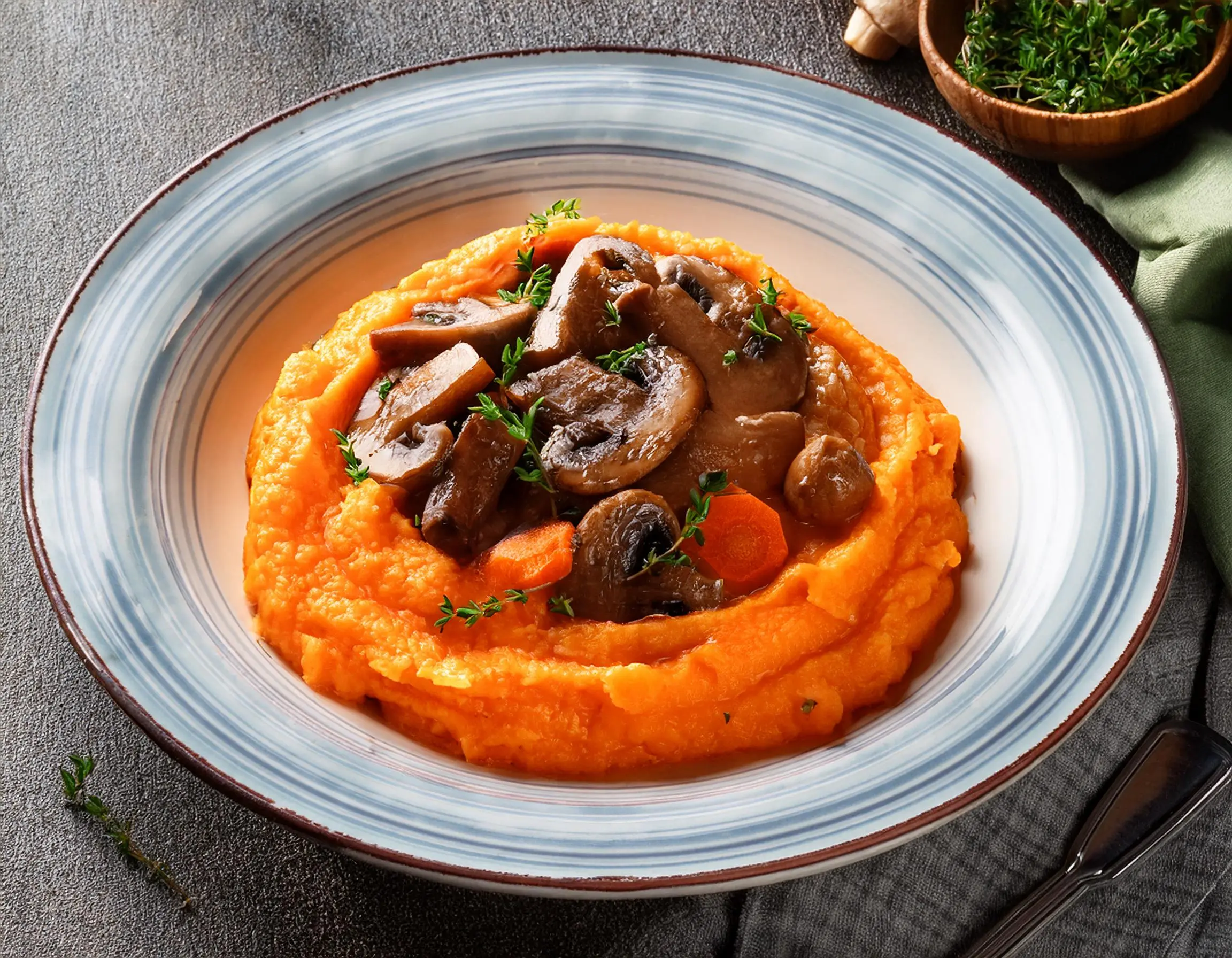 Svampestuvning med cremet rodfrugtsmos