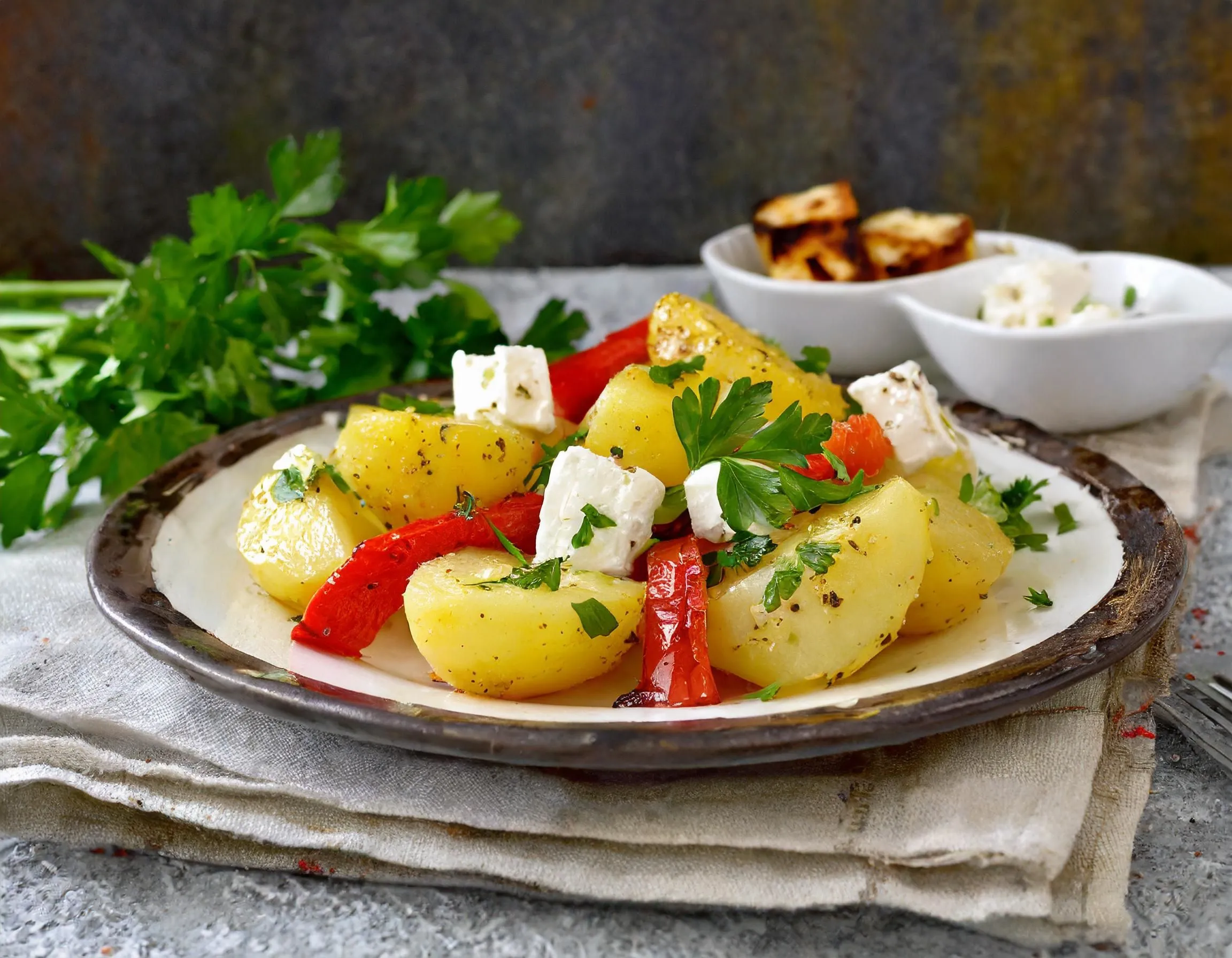 Nye kartofler med grillede peberfrugter og feta
