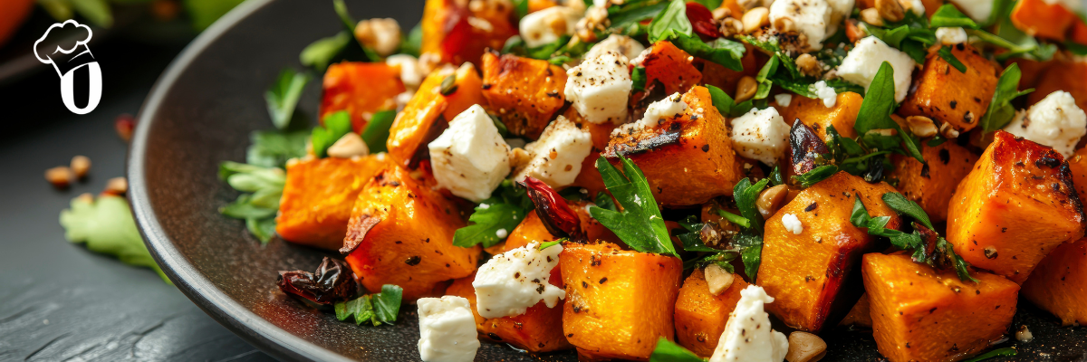 Bagt græskarsalat med feta og ristede kerner