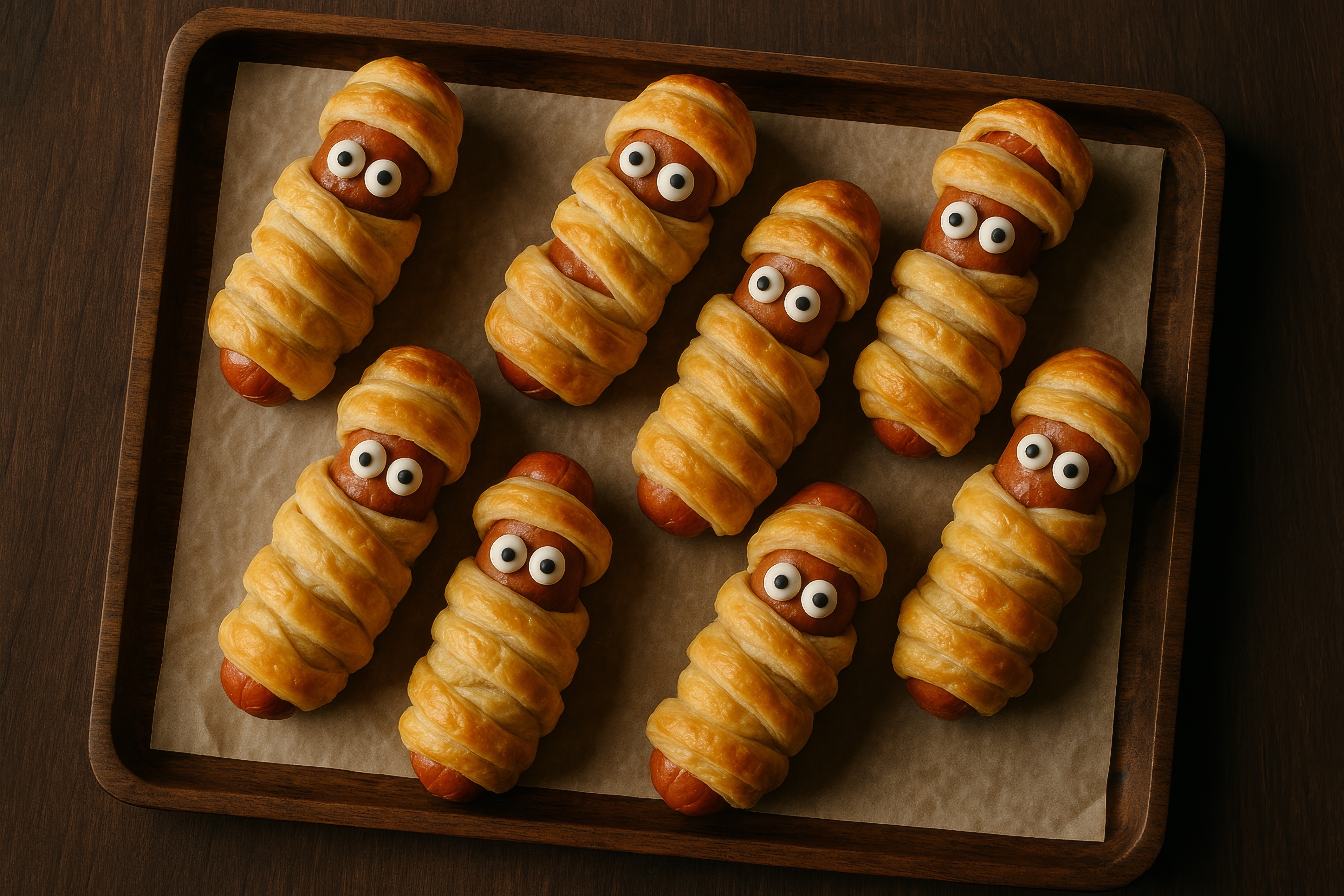 Mumiepølser med butterdej og ketchupblod til halloween